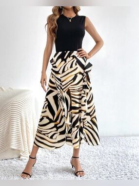 Sleeveless High-Low Dress with Black & Cream Abstract Print